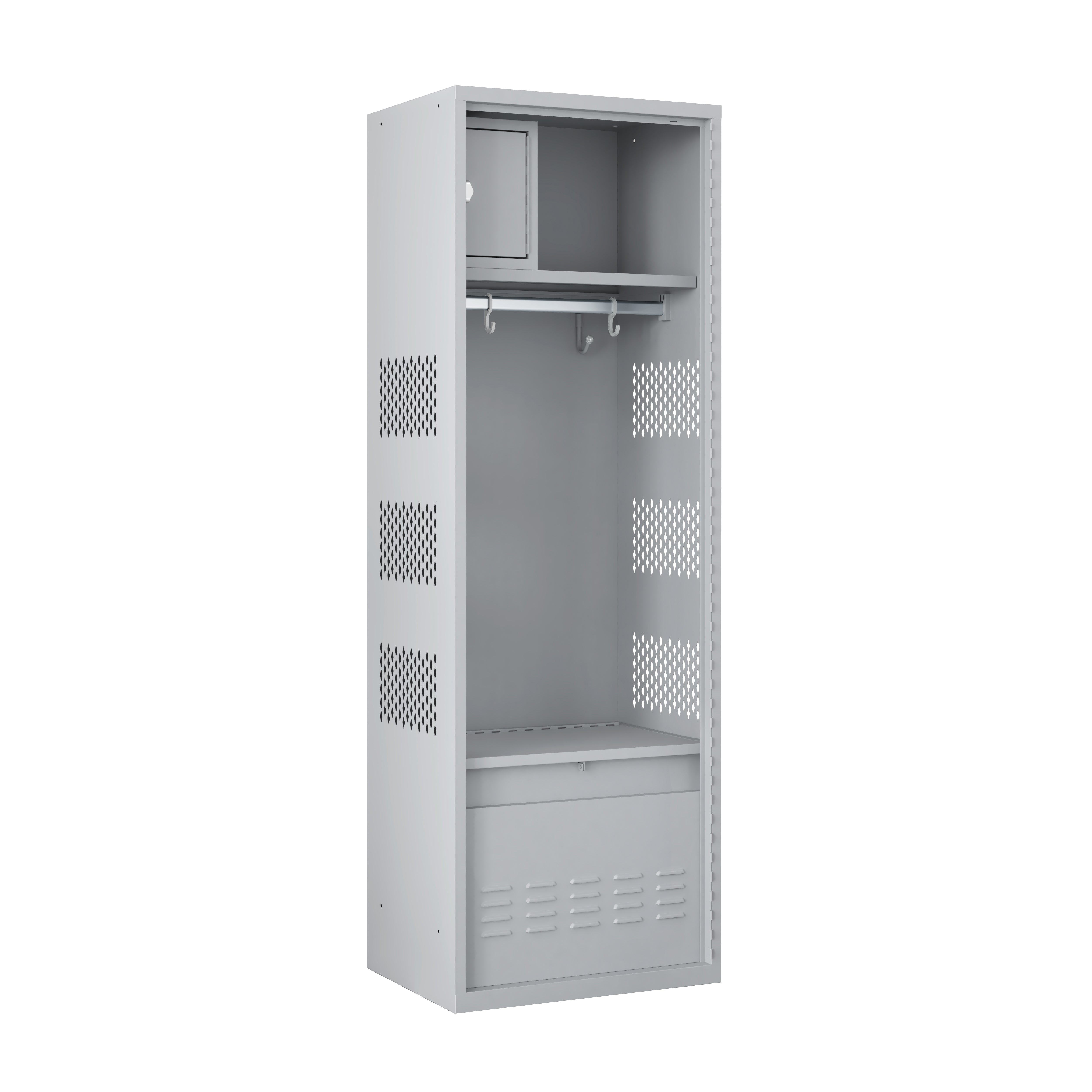 Doorless Heavy-Duty Gear Locker with Mini Lock, Hangers & Bottom Storage Cabinet