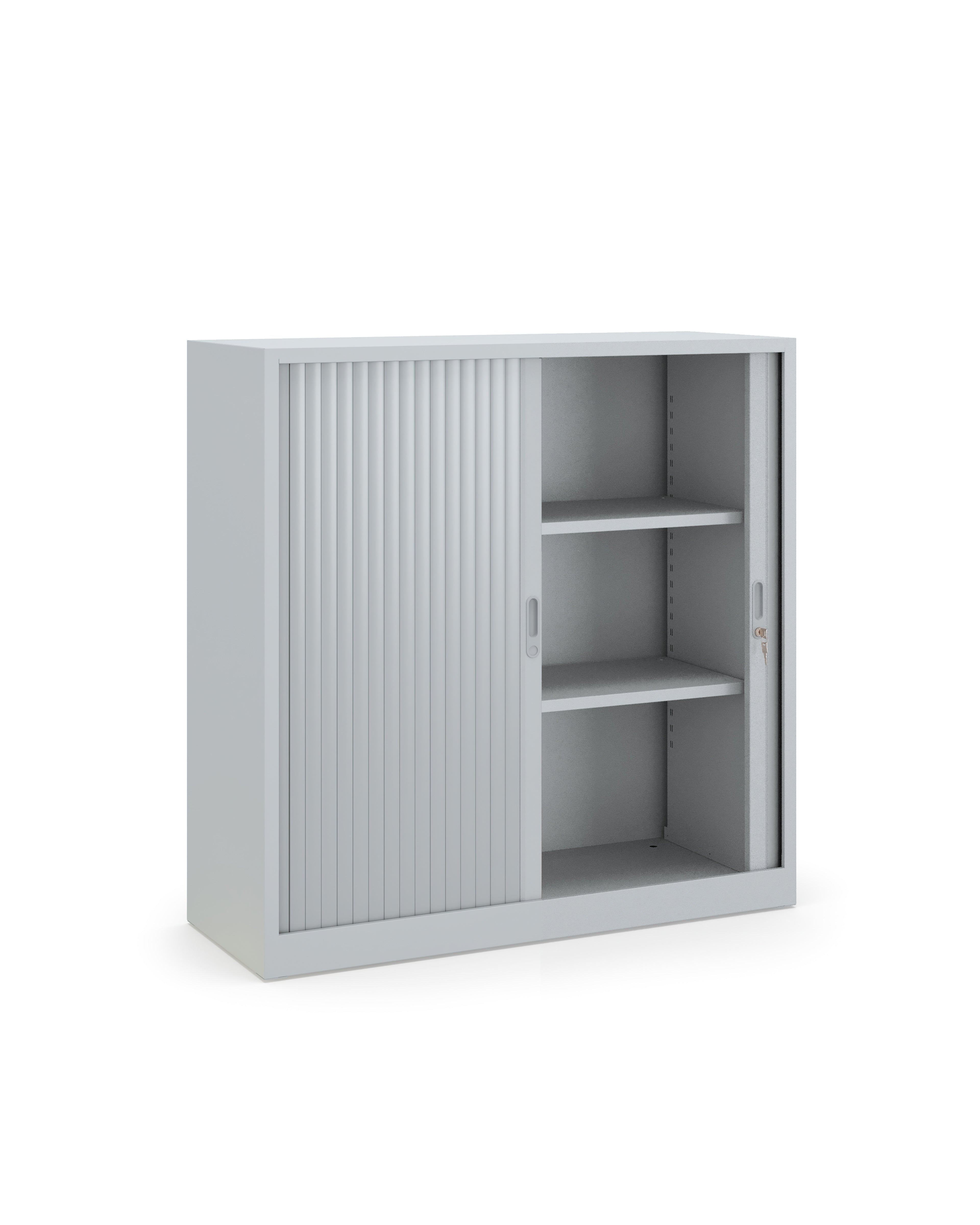 Tambour Door Storage Cabinet, 100% Fully Open Doors, Adjustable Shelves, Lockable